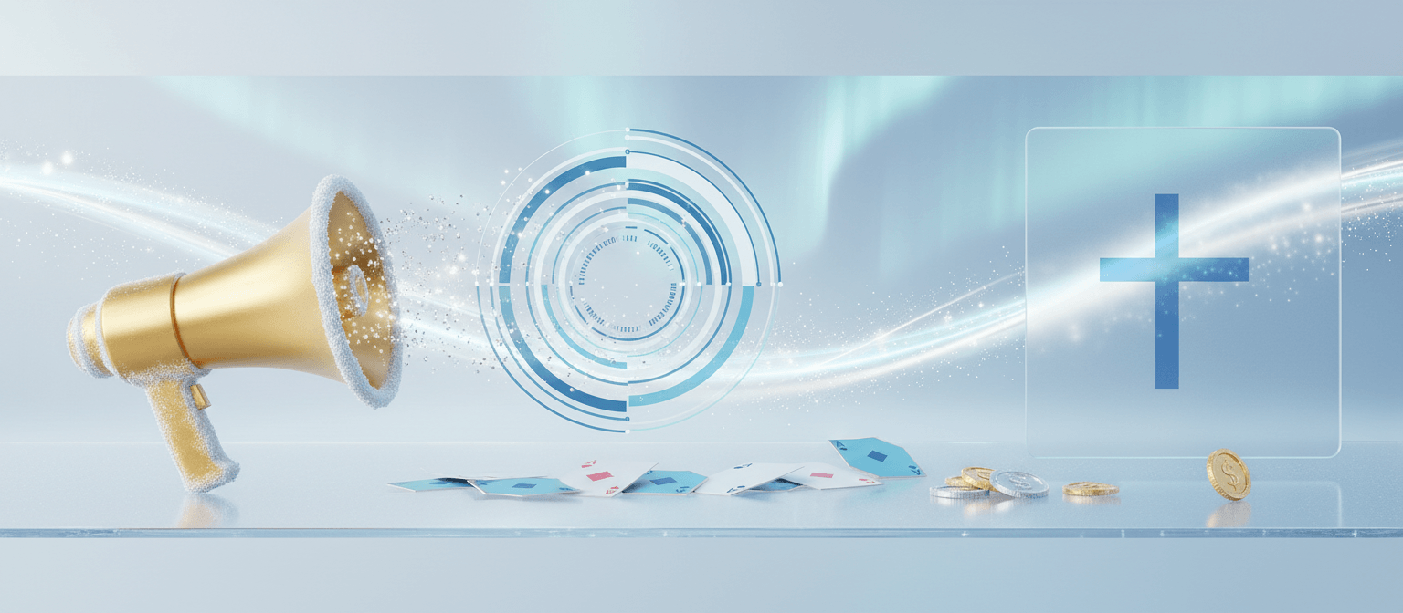 Kultainen megafoni pelikorttien ja kolikoiden kanssa kuvastaa kasinokampanjoita ja ilmaiskierrostarjouksia